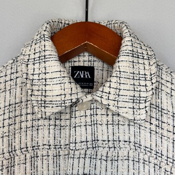 Zara Ivory Black Boucle Tweed Boxy Oversized Button Front Bomber Jacket Size M - Picture 5 of 16
